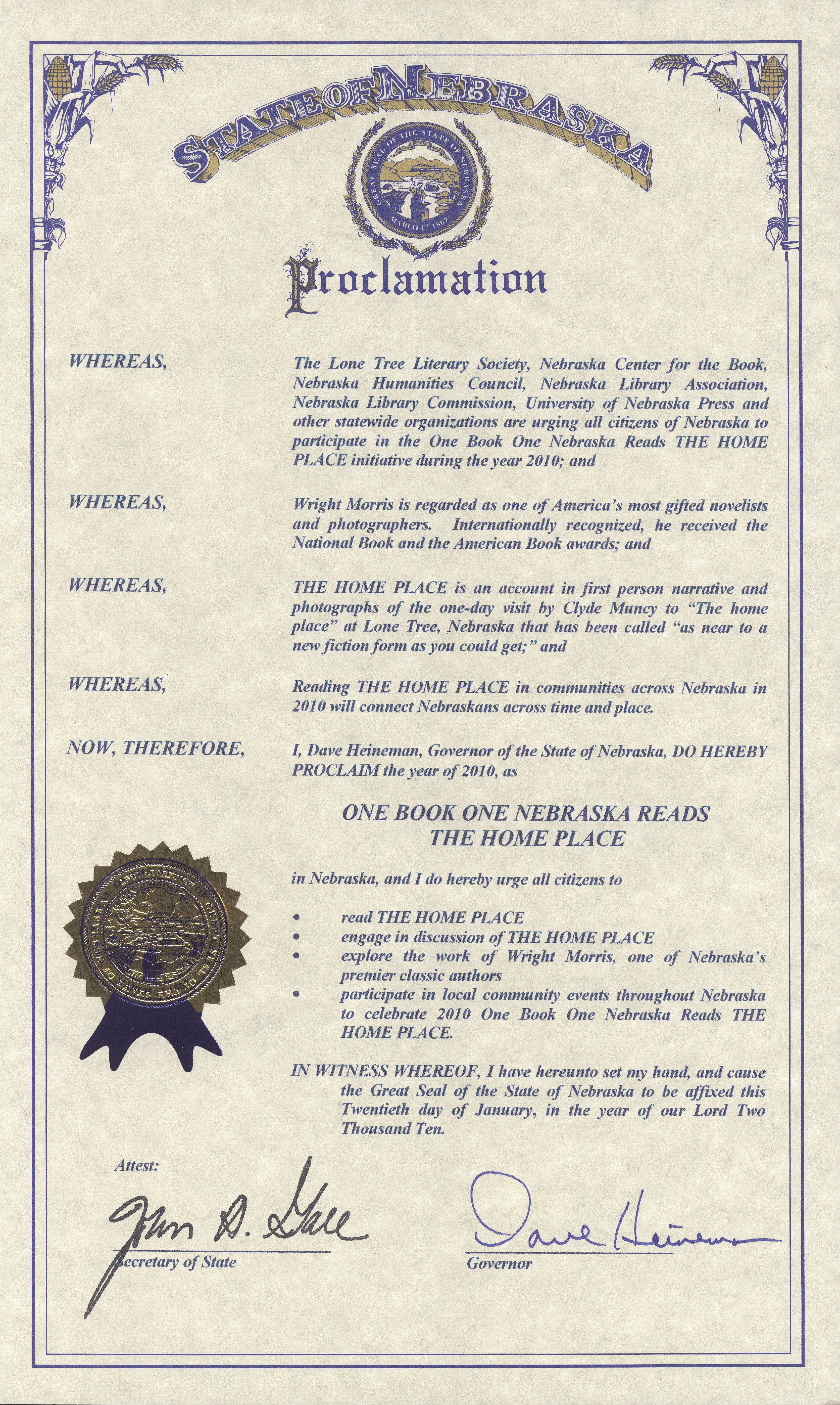 One Book One Nebraska Proclamation
