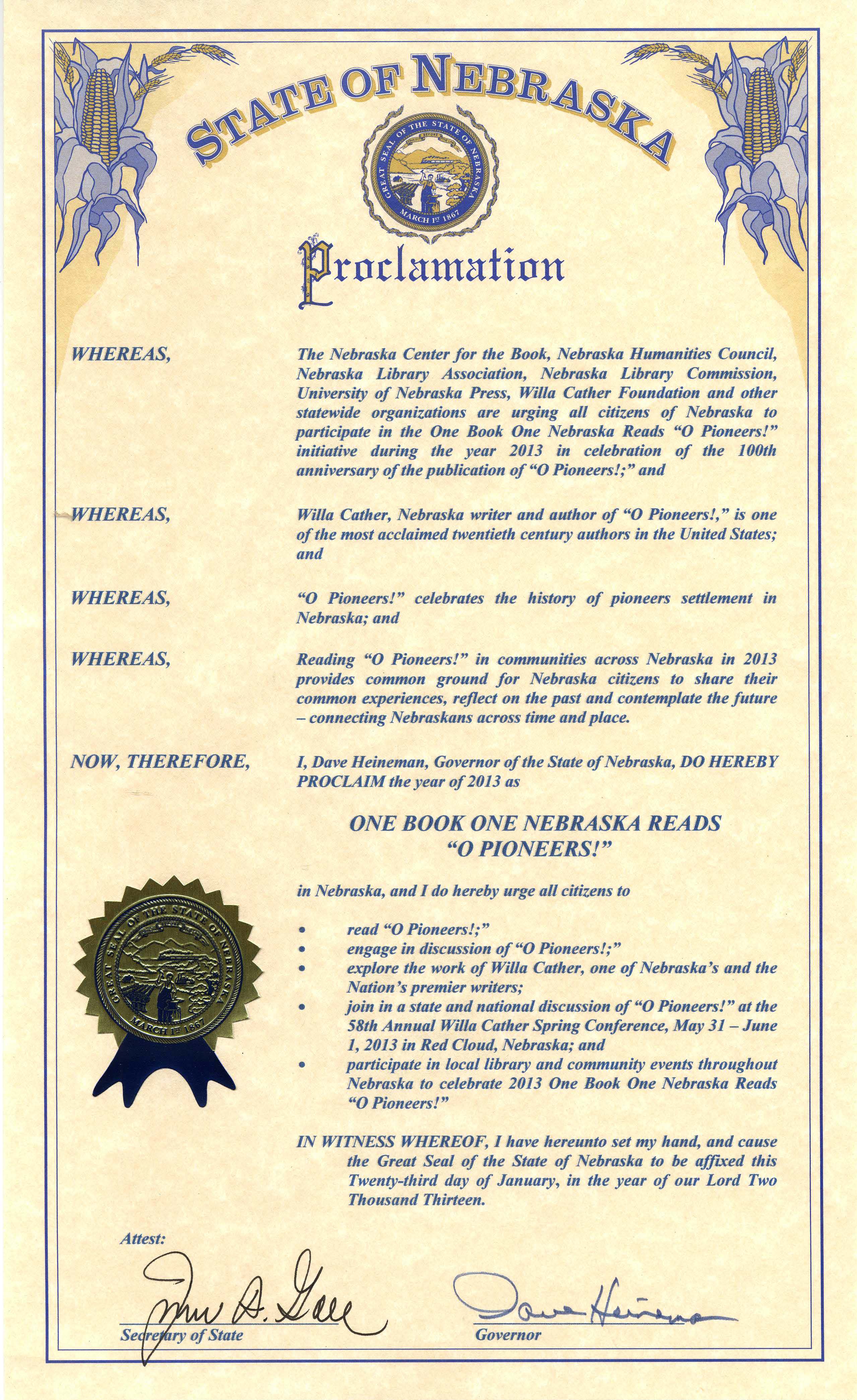 One Book One Nebraska Proclamation