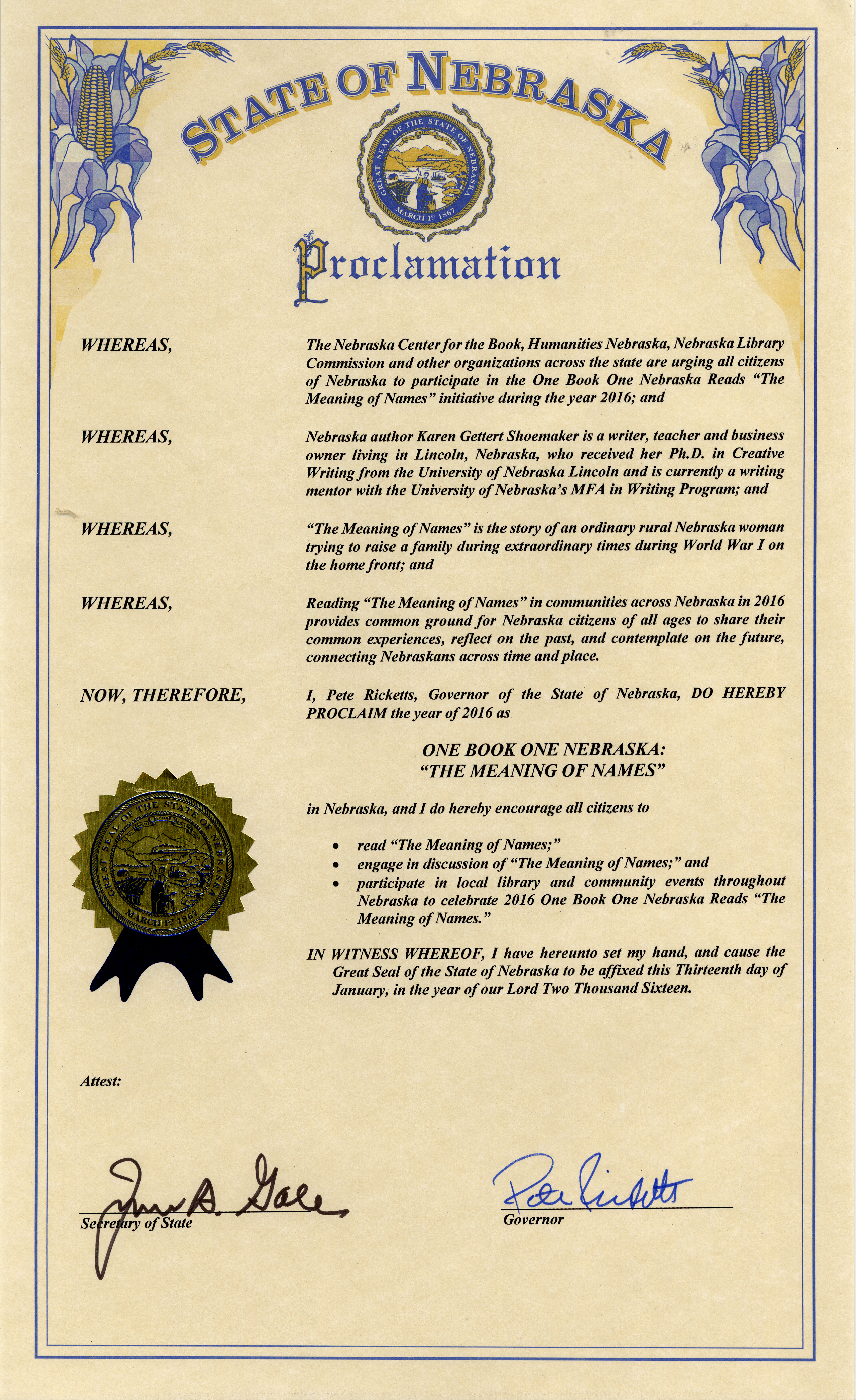One Book One Nebraska Proclamation